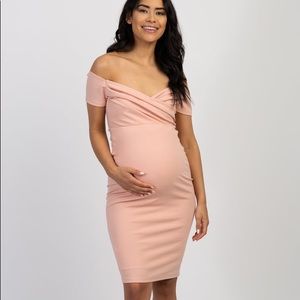 PinkBlush Light Pink Solid Off Shoulder Maternity Fitted Dress, S